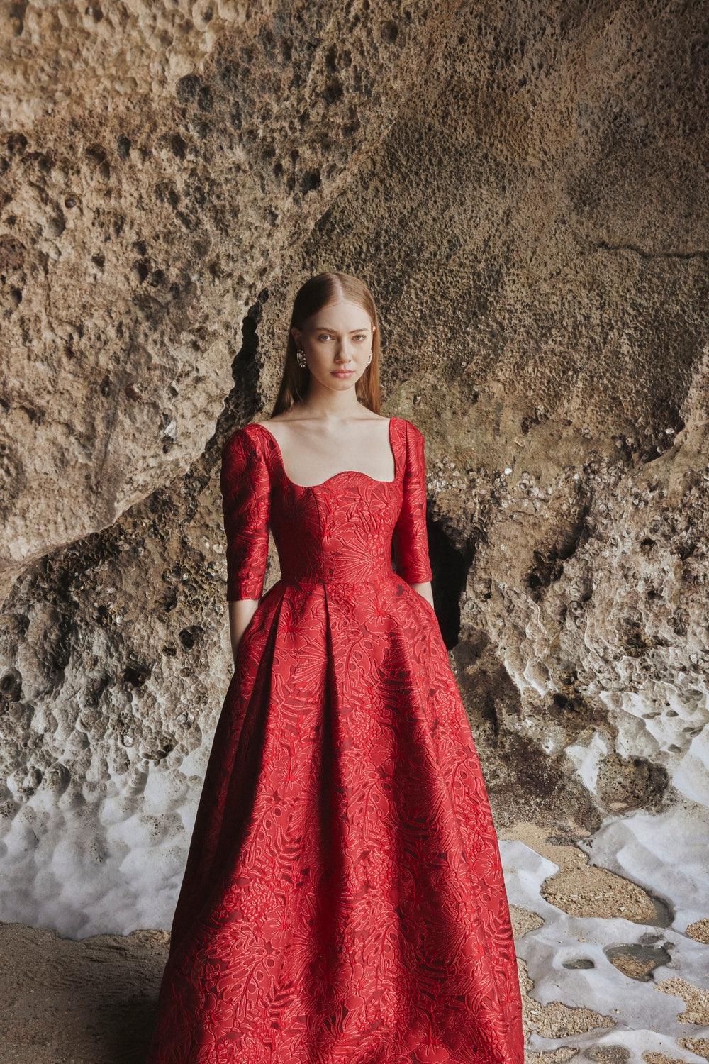 Long Sleeve Curved Neckline Full Dress